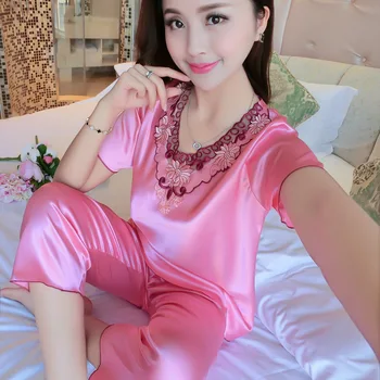 

2020 Spring Summer Sexy Women Satin Pajamas Sets Sexy V-Neck Lace Silk Solid Sleepwear Female Short sleeve Home wear Pyjamas