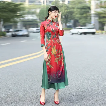 

2020 spring butterfly print Vietnam aodai cheongsam dress