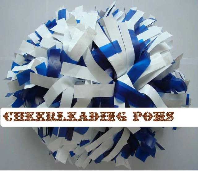 Cheerleading Pom Poms, Metallic Whit, Plastic Royal Blue, Custom