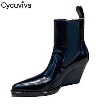 

Genuine Leather Chelsea Ankle Boots For Women Desginer Short Boots Platform Wedge Heels Winter Shoes Women Slip On Punk Boots