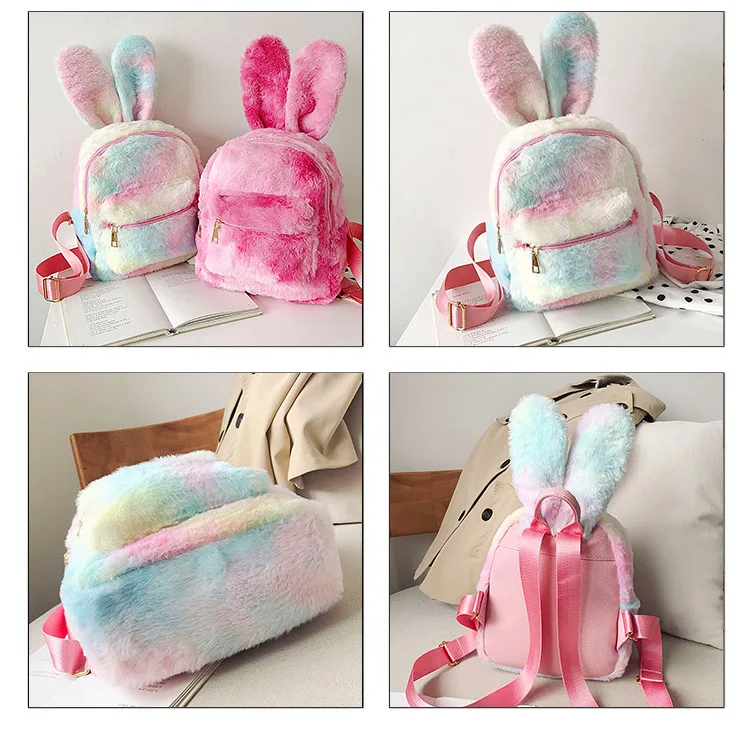 Autumn Bunny Plush Backpack Cute Pink Warm Rabbit Long Ears Shoulder Tiny Backpack with Zipper for Girls School Celebration