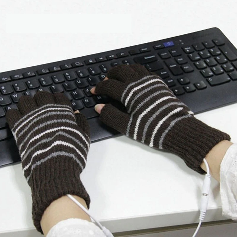 Мужской Женский Мужской полный полпальца рука рукавица ноутбук USB зимний, теплый, полосатый с подогревом рукавицы полный полпальца вязаные перчатки