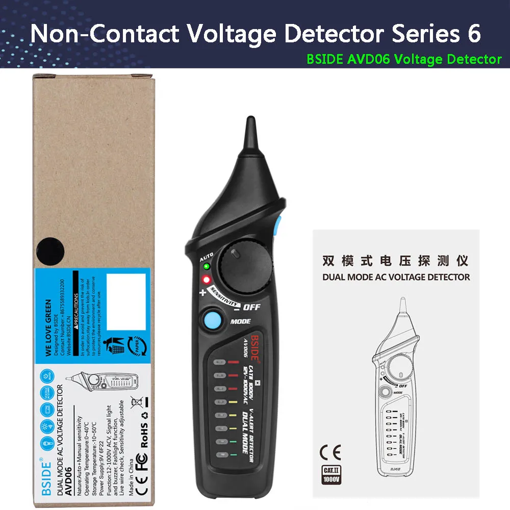 Voltage Detector Бесконтактный детектор напряжения Тестовый er BSIDE AVD06 розетка настенная розетка переменного тока тестовая ручка индикатор 12~ 1000 В совпадающий мультиметр - Цвет: Voltage Detector
