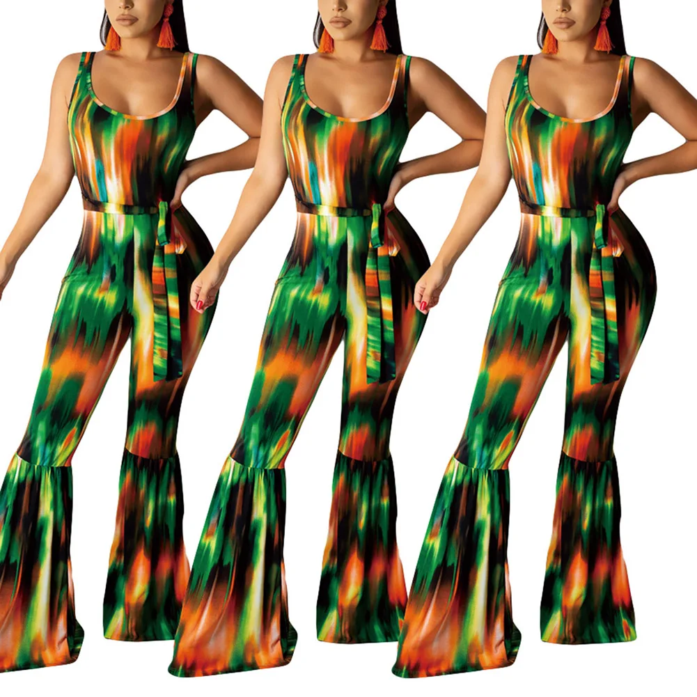 

Fadzeco Womens Sexy U Neck Bodycon Jumpsuit Tie-Dye Print Backless Sleeveless Flare Pants One Piece Romper Playsuit Clubwear