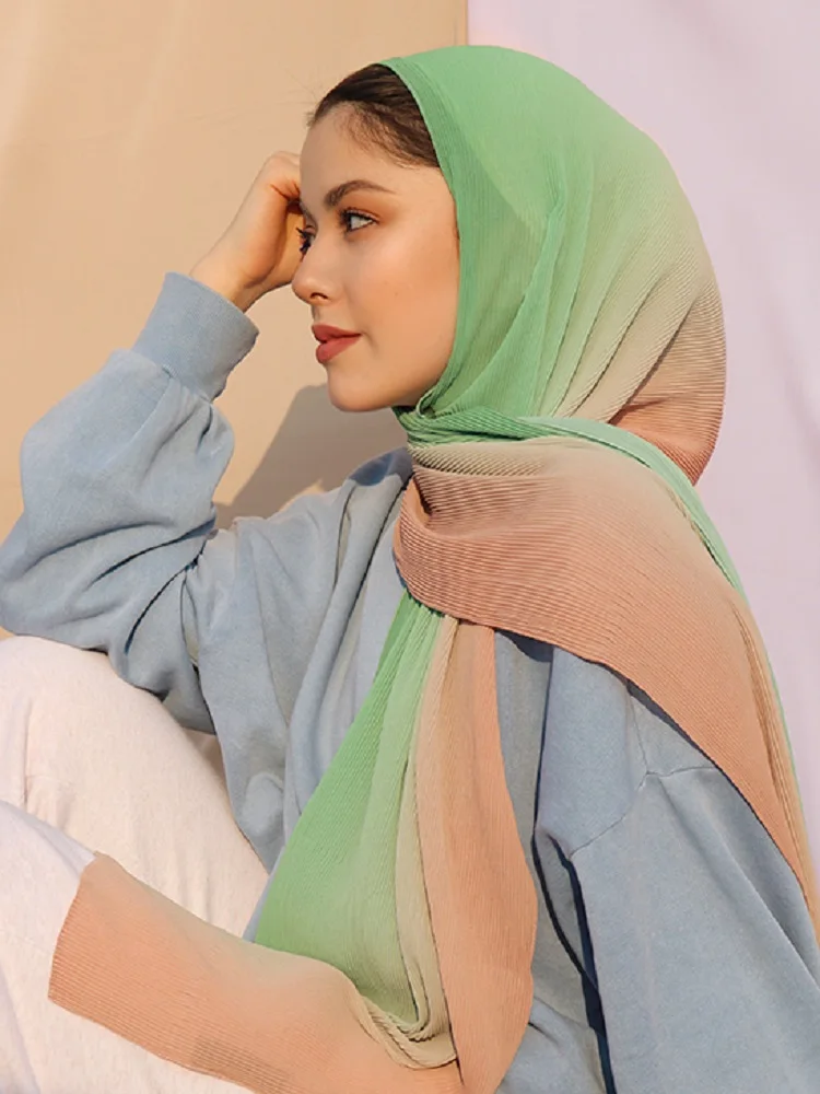 

JTVOVO 2021 New 180x70CM Muslim Women Fashion Gradient Folds Luxury Chiffon Hijab Female Thin Veil Scarf Shawl Turban Islam Cap