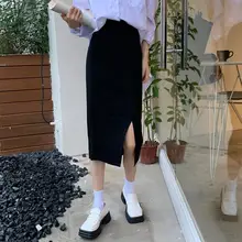 

Women Elastic Waisted Ribbed Knit Split Thigh Skirt, Basic Plain Stretchy High Waisted Long Bodycon Pencil Skirt Midi Skirt