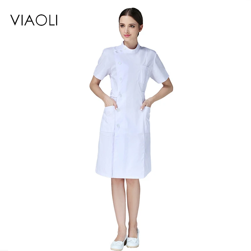 Viaoli Medical Cloth Coat Clothing Scrubs Hospital Uniform Short Sleeve Nurse Uniforme Medicos Lab White Doctor Lapel Collar