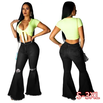 

Women Fashion Denim Flare Pants Retro Ripped Jeans Wide Leg Trousers Lady Casual Bell-Bottoms Flare Pants Female Jeans Woman