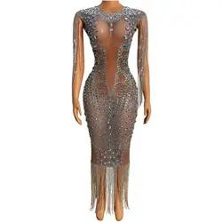 Crystals Transparent Tassel Sparkly Silver Long Dress Evening Birthday Wedding Celebrate Chain Fringes Costume Prom Party Dress