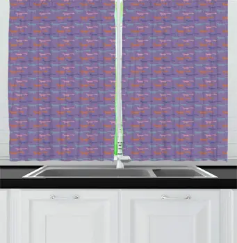 

Violet Blue Multicolor Kitten Kitchen Curtains Cat on a Violet-Tone Background Window Drapes