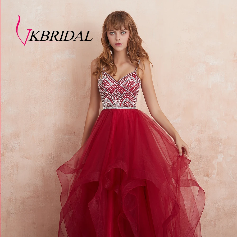 VKBRIDAL красные многоуровневые тюлевые платья для выпускного вечера новые Бальные платья с бисером и кристаллами официальное длинное вечернее платье