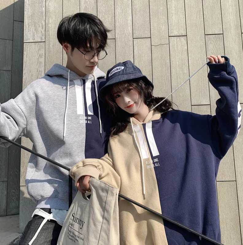 

2020 Spring And Autumn New Youth Popular Plus Velvet Couple Color Matching Hooded Sweatshirt Fashion Casual Loose Loose Pullover