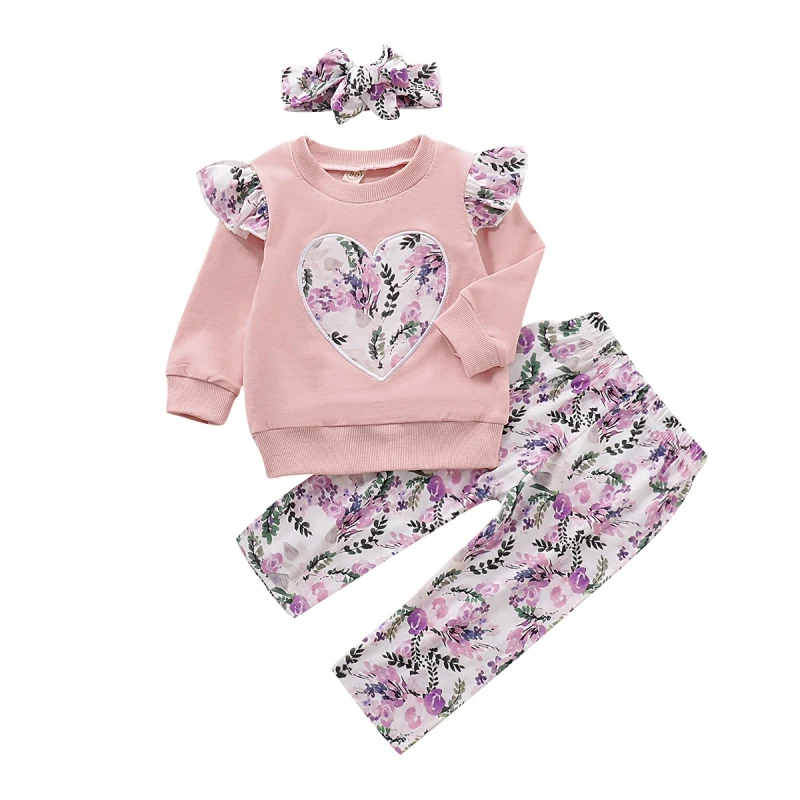 

kid Casual Clothing Set 100% Cotton 3Pcs Baby Toddler Girls Kids Heart Flower Pant+Headband+Sweatshirt Clothes Outfits