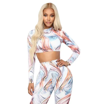 

2 Pieces Gym Outfit Printed Long Sleeve Crop Top Pencil Pants Set Leggings Tights Suits