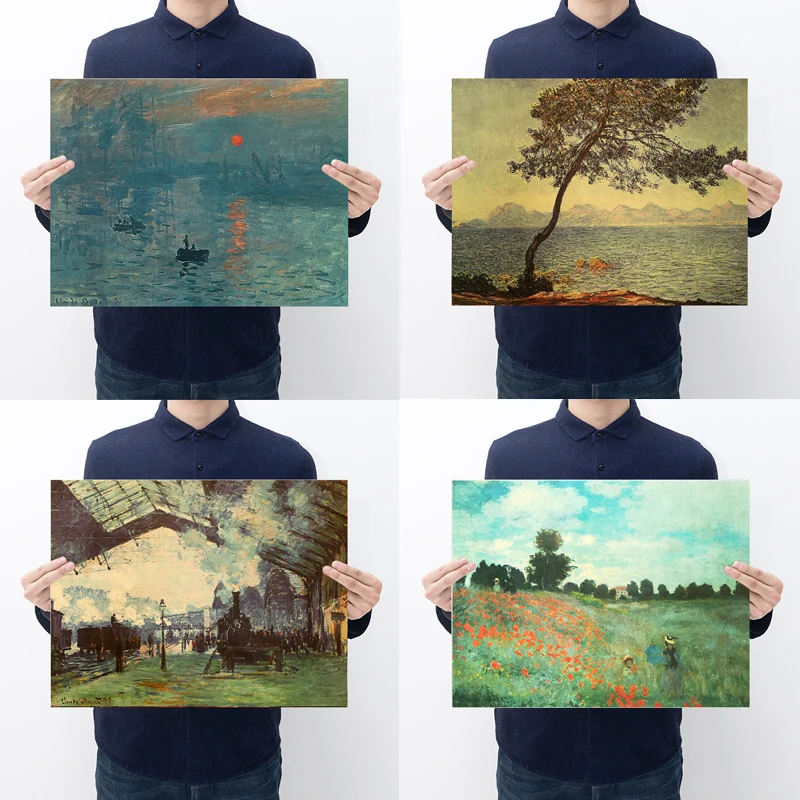 

AIMEER Painter Monet Sunrise Impression Tree Poppy Retro Kraft Oil Painting Poster Exhibition Decor Wall Sticker 35*46cm
