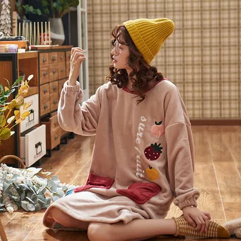 

Winter Warm Nightdress Female Flannel Nightgown Plus Velvet Ladies Plush Nightdress Home Wear Bathrobe for Women Night Wear