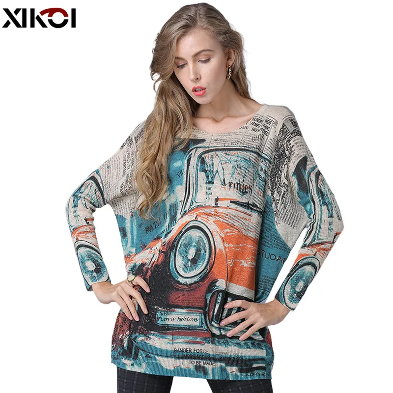 XIKOI Oversize Women Sweater Top Classic Cars Print Knitted Casual Plus Fashion Pullover For Jumper Loose Grey | Женская одежда