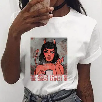 

Women T Shirt The Angels Protect Me The Demons Respect Me 3D Print Tshirts Chic Harajuku Vintage Plus Size T-shirt Female Tee