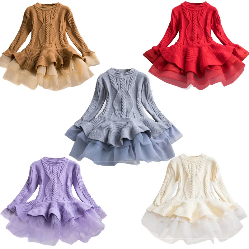 

New Thick Warm Girl Dress Christmas Wedding Party Dress Knitted Chiffon Winter Kids Girls Clothes Children Clothing Girls Dress