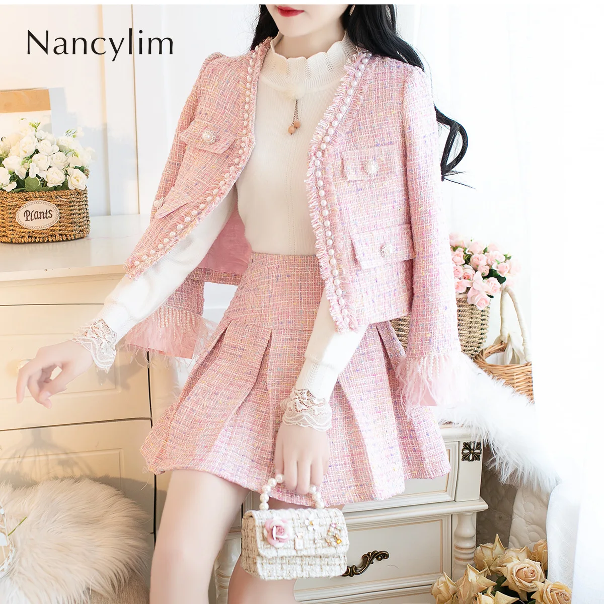 

Small Fragrance Pink Tweed Sets Women Autumn Winter New Fashion Pearl Drill Buckle Ostrich Feather Coat + Pleated Skirt 2pieces