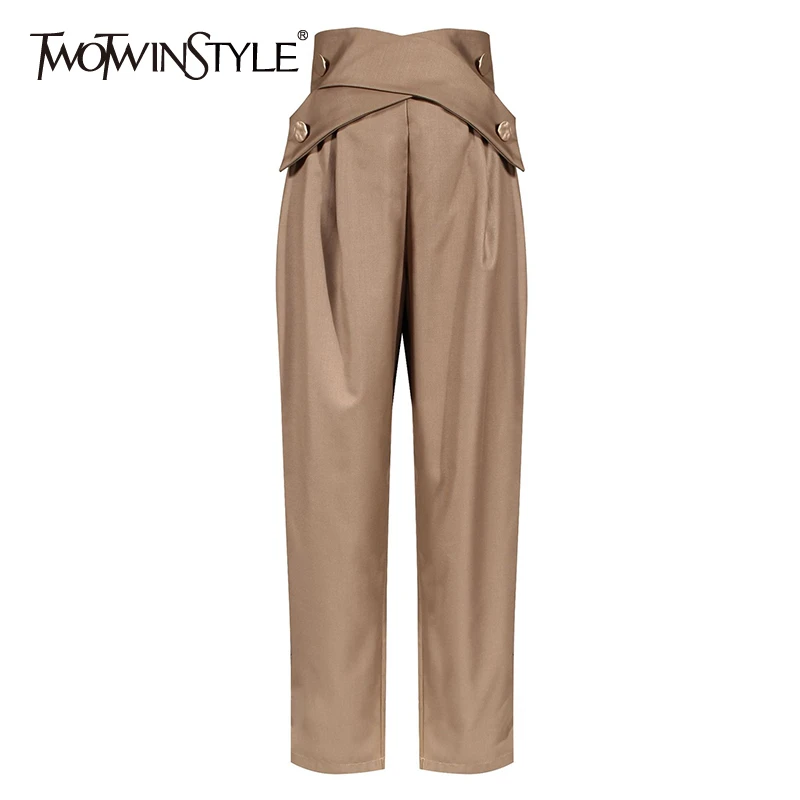 Irregular-Trousers Slim-Pants TWOTWINSTYLE Lace-Up High-Waist Casual Fashion Women Autumn