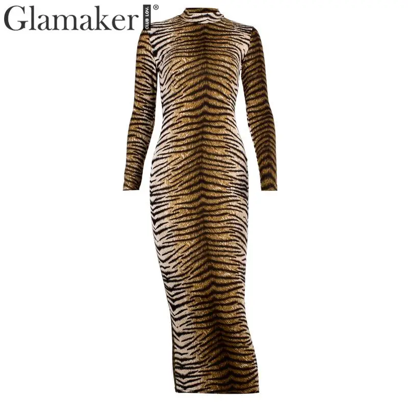 Glamaker с животным принтом, сексуальное длинное платье в обтяжку, женское осеннее Элегантное макси платье с длинными рукавами, зимнее тонкое вечернее платье с принтом тигра
