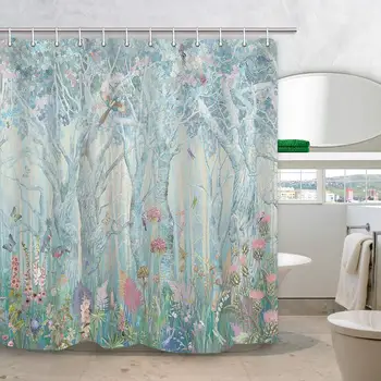 

Winter Enchanted Forest Shower Curtain, Vibrant Fairytale Woodland Jungle with Tree Bird Flowers Plant Fabric Christmas Curtains