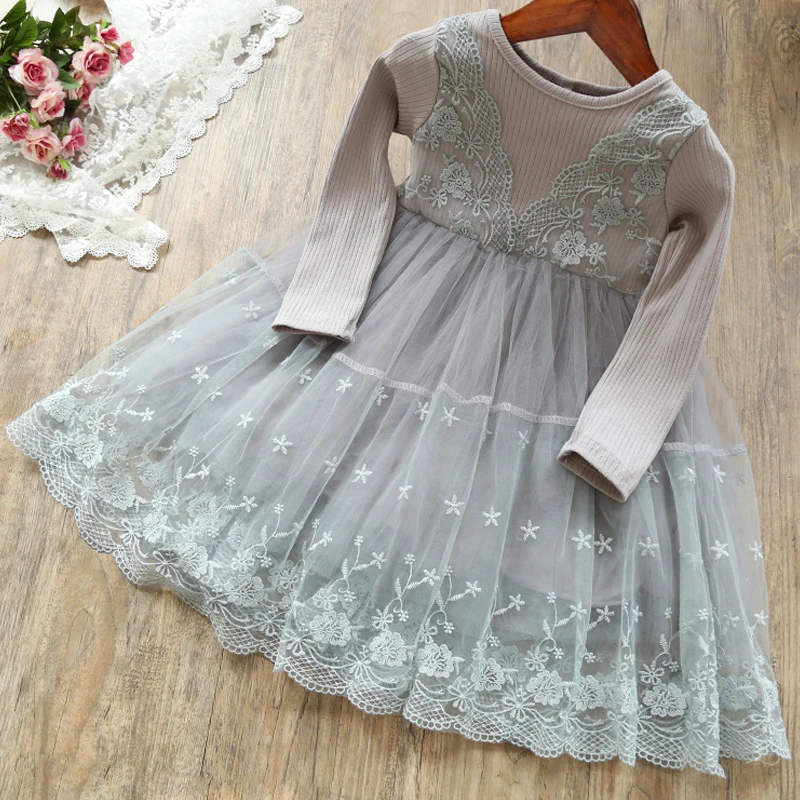Осеннее кружевное хлопковое платье с длинными рукавами для девочек; милое платье принцессы с цветочной вышивкой для маленьких девочек; детское праздничное бальное платье; одежда