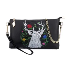 

Genuine Soft Cow Skin Leather Young Lady Embossed Gules Flower Deer Painted Pattern Clutches Large Capacity Crossbody Wrist Bag