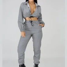 

Sexy Reflective 2 Pieces Set New Spring Autumn Long Sleeve Crop Tops Shiny Sport Set Outwear Fashion Women Silver Grey Jackets