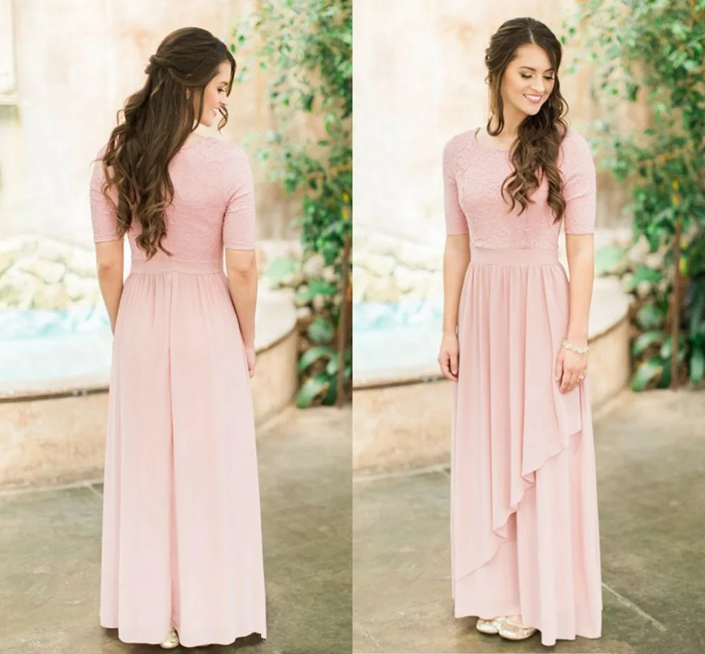 Vestido largo de gasa de encaje rosa y polvoriento con media manga, vestidos de dama de honor de boda campestre