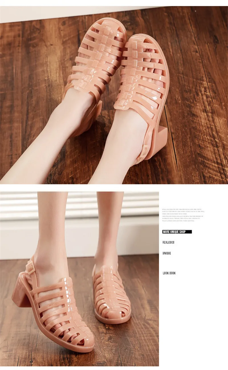 Rain Closed Toe Sandals Female High-Heeled Shoes Transparent Crystal Plastic Beach Women Jelly Shoes High Heels Sandals Slippers Waterproof  (2)