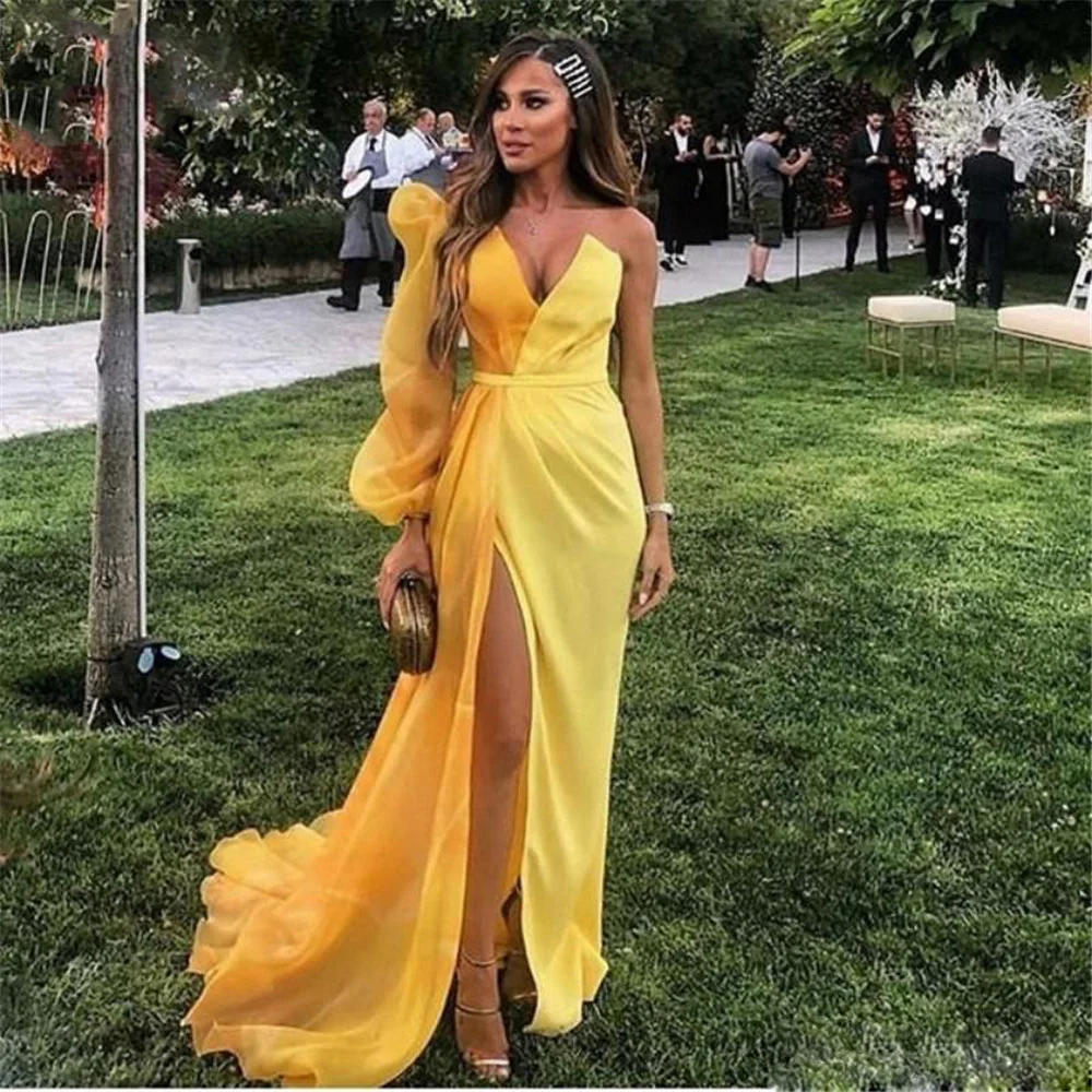 One-Shoulder-Yellow-Evening-Dresses-Long-Sleeves-Robe-de-soiree-Vestidos-de-fiesta-Chiffon-Evening-Prom