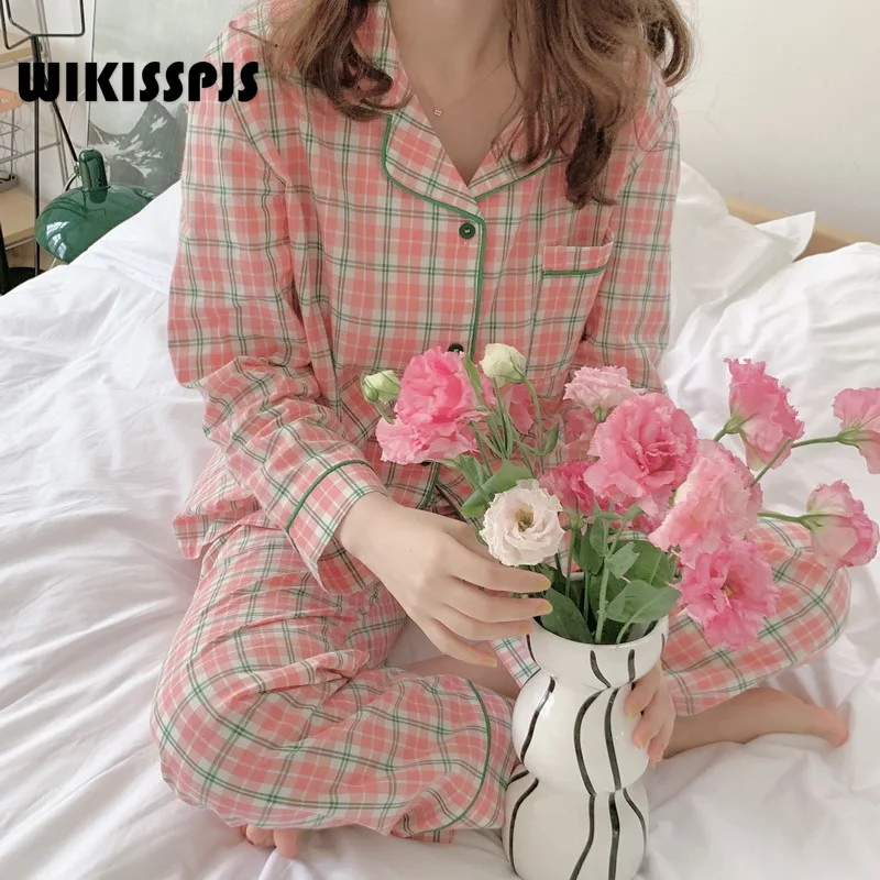 

WIKISSPJS Autumn New Japanese Korean Style Pajamas Women's Sweet and Lovely Plaid Long Sleeved Trousers Set Home Clothes
