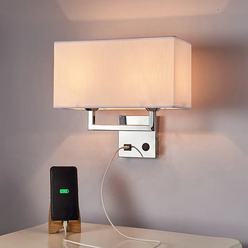 

New Style Hotel Bedside Lamp LED Bedroom Lamp Creative with USB Interface Charging Wall Lamp Chinese Style Fabric Double Headed