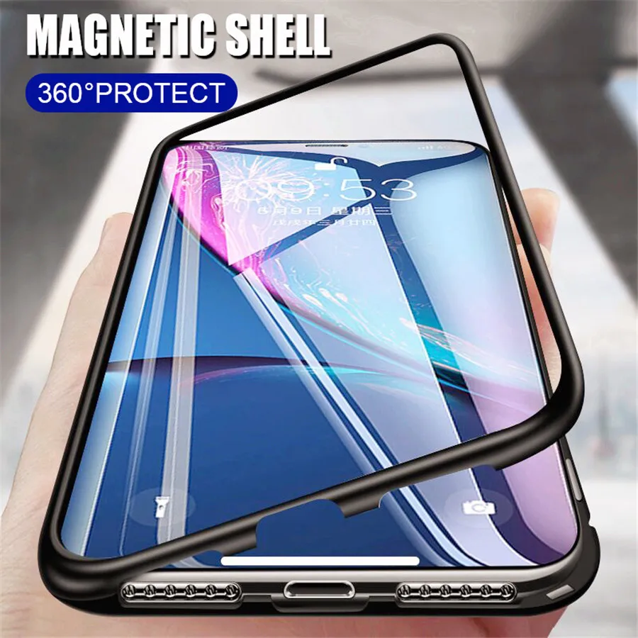 Металлический магнитный адсорбционный чехол для iPhone 11 Pro XS Max XR закаленное стекло