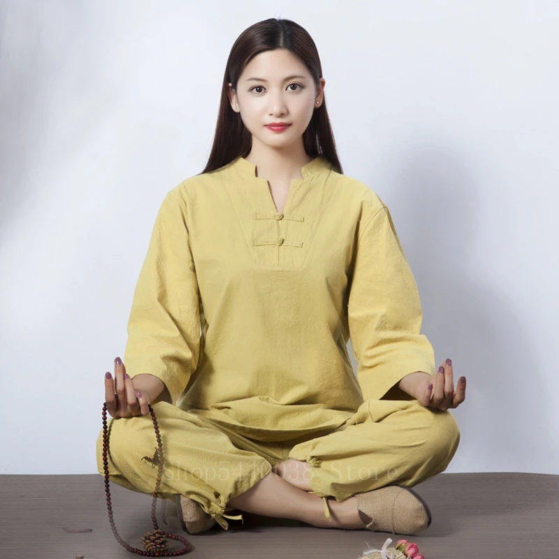 Ginger Long Set Традиционный китайский комплект одежды для кунг-фу для женщин, Одноцветный льняной Тренировочный Костюм тайцзи ушу йоя, костюм для выступлений - Цвет: Ginger Long Set
