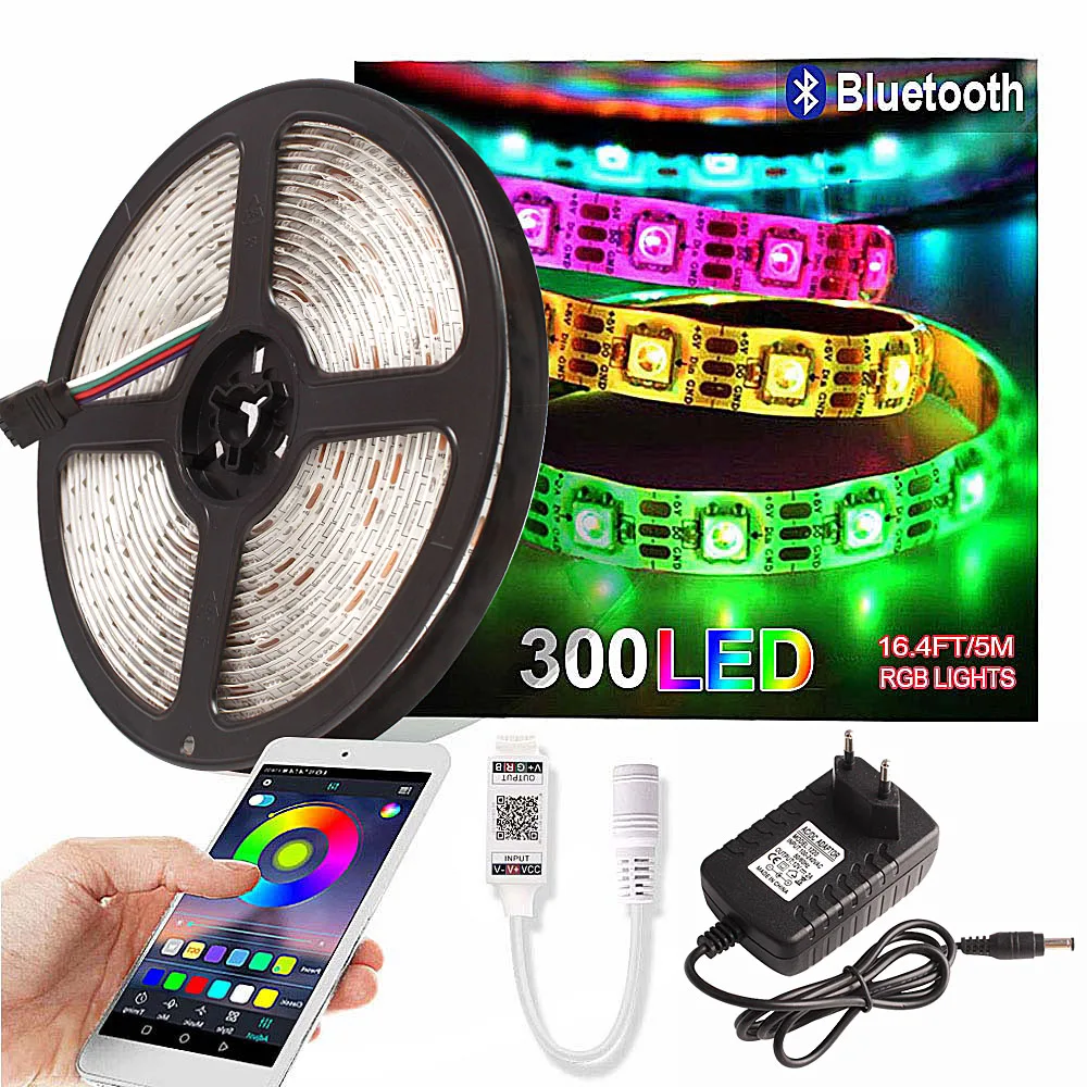 buy 5M RGB LED Strip Waterproof Smart Phone Bluetooth Remote Controller 300 Led Ribbon 220V to 12V Flexible LED Neon Lights Lamp Kit