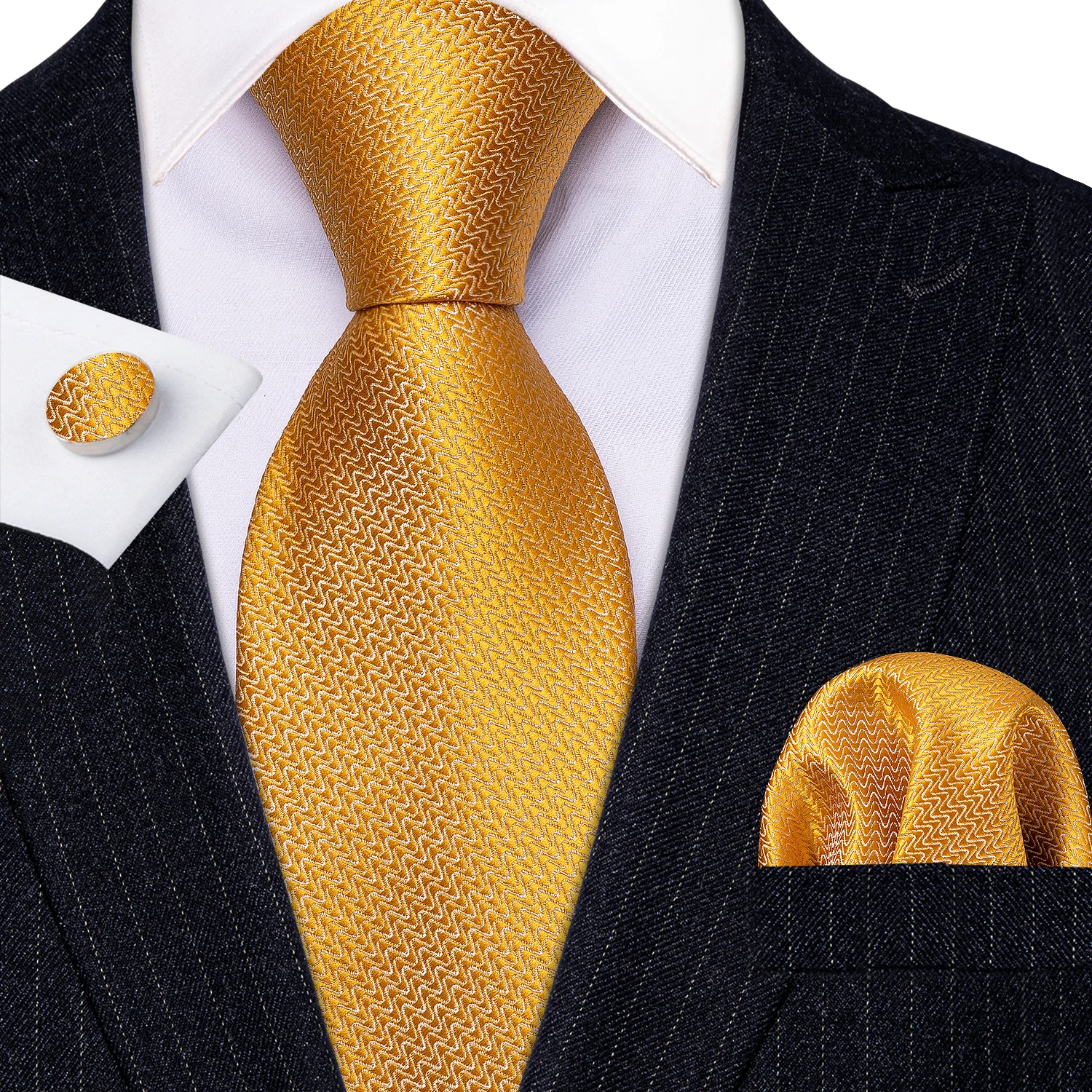

New Fashion Luxury Brand Gold Novelty 100% Silk Ties Gifts For Men Wedding Barry.Wang NeckTies Hanky Sets For Groom Business