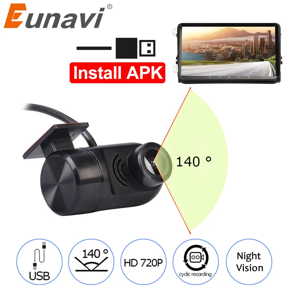 Eunavi Car DVR Camera 140 degree HD 720P Front Dash Camera For Android Car Radio Player USB DVR Camera