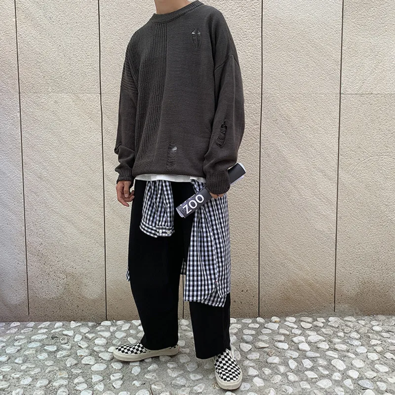 Autumn New Hole Sweater Men Fashion Solid Color Casual Knit Sweaters Man Sweter Clothes Loose Long-sleeved Pullover Men Autumn New Hole Sweater Men Fashion Solid Color Casual Knit Sweaters Man Sweter Clothes Loose Long-sleeved Pullover Men