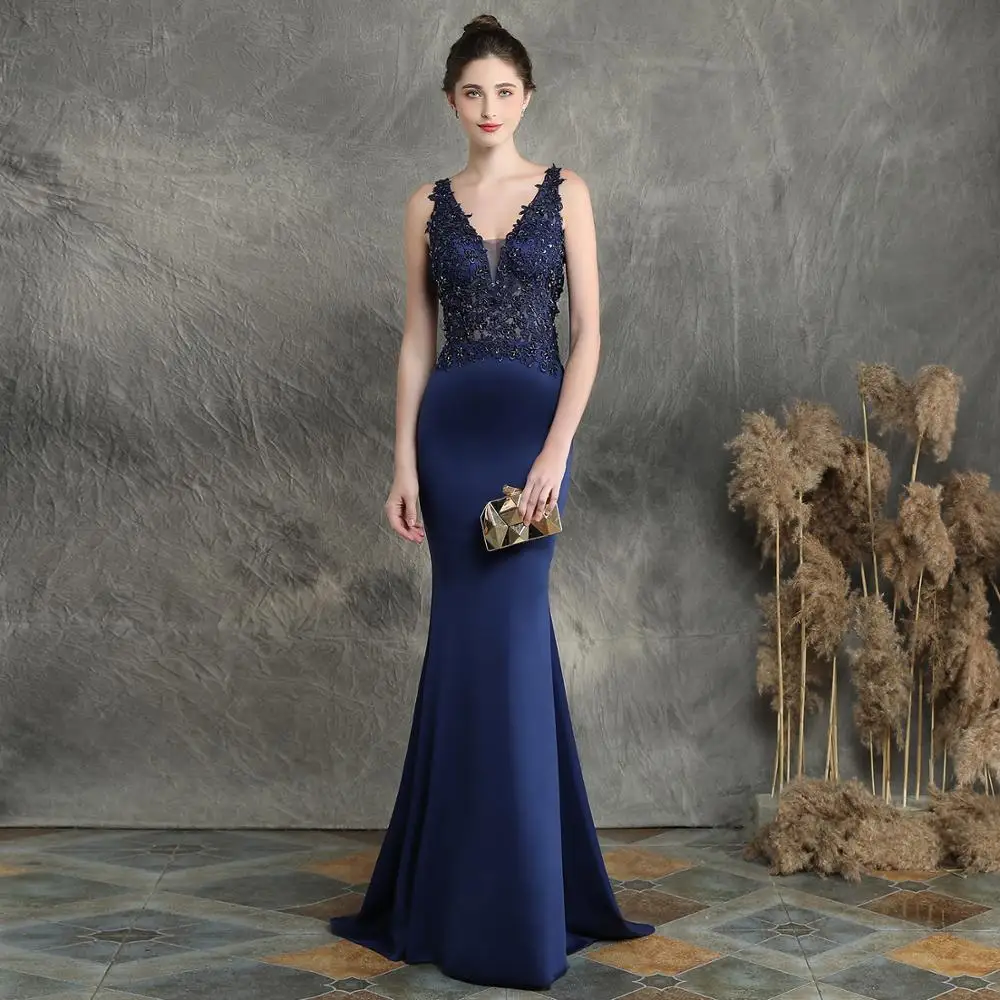 navy blue Розовое роскошное вечернее платье чистая аппликация на руку невесты платье для тостов с бисером атмосфера годового хвоста длинная юбка вечернее платье - Цвет: navy blue