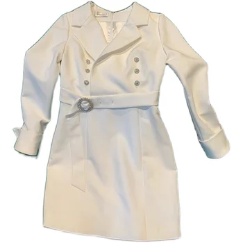 

Brand Fashion Women's High-end Luxury Autumn Elegant Ladies White Belted Diamond Buckle Slim Dress