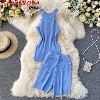 

ALPHALMODA Sleeveless Knitted Fashion Suit Button Halter Top Elastic Waist Pocket Shorts Women Solid Casual 2pcs Set