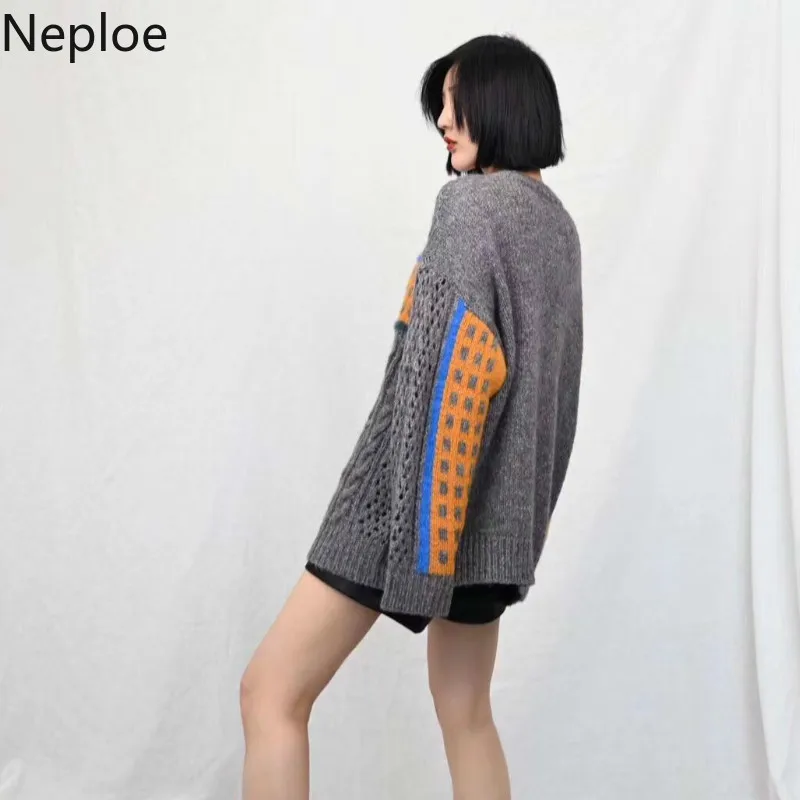 Neploe Ins, Ретро стиль, контрастный цвет, пэчворк, Sueter, пуловер, свитер, Batw, дизайн, круглый ворот, длинный рукав, вязанный, для женщин, свободный, 47724