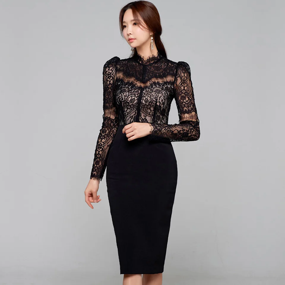 Elegant Party Dress 2024 Spring White Black High Waist Tight Stitching Sexy Lace Stand Collar Long Sleeves Office Lady Dress
