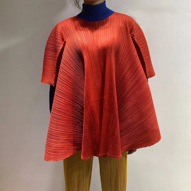 Changpleat новые женские свободные топы Miyak плиссированные Модные Дизайнерские однотонные женские футболки с круглым вырезом большого размера