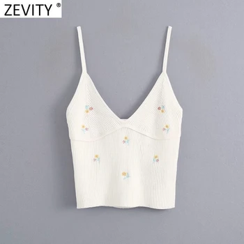 

Zevity Women fashion floral embroidery camis tank tops summer wear female v neck knitted casual slim sling vest crop tops LS6984