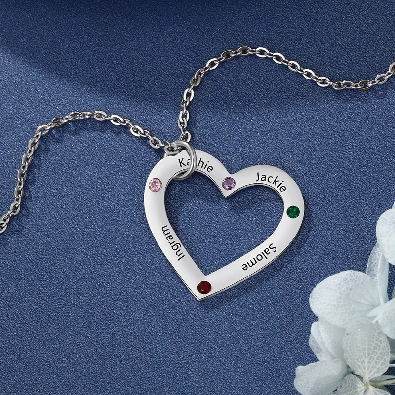 

DIY Engraved Birthstone Heart Necklace Customized Name Necklace Family in Your Heart Jewelry Chain For Mom Mother'S Day Gifts