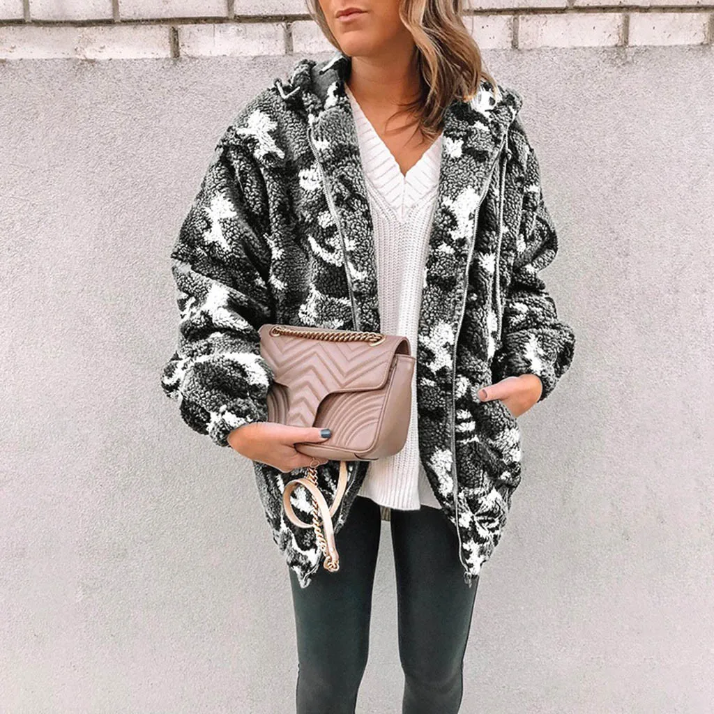 

Hsu 828 Hot Sales Big Promotion Womens Winter Warm Fleece Camouflage With Pockets Zip Open Front Outwear Coat for Ladies Women